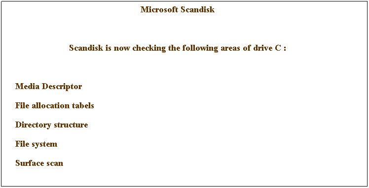  : Microsoft Scandisk
 
Scandisk is now checking the following areas of drive C :
 
         Media Descriptor
         File allocation tabels
         Directory structure
         File system
         Surface scan
 
