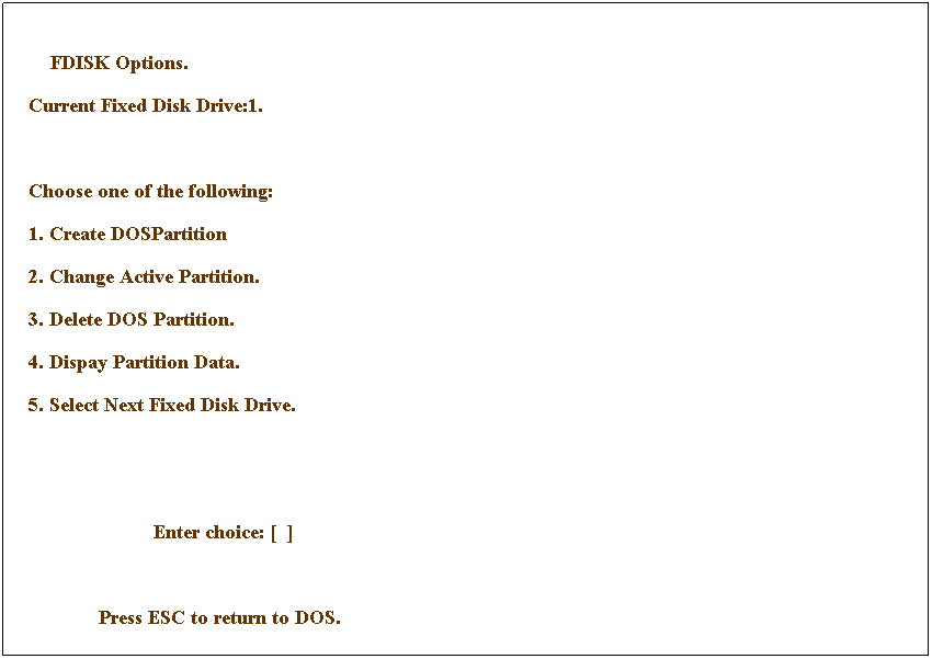  :  
    FDISK Options.  
Current Fixed Disk Drive:1.
 
Choose one of the following:   
1. Create DOSPartition
2. Change Active Partition.            
3. Delete DOS Partition.                
4. Dispay Partition Data.                
5. Select Next Fixed Disk Drive.    
 
 
           Enter choice: [  ]
 
 Press ESC to return to DOS.   
 
 
